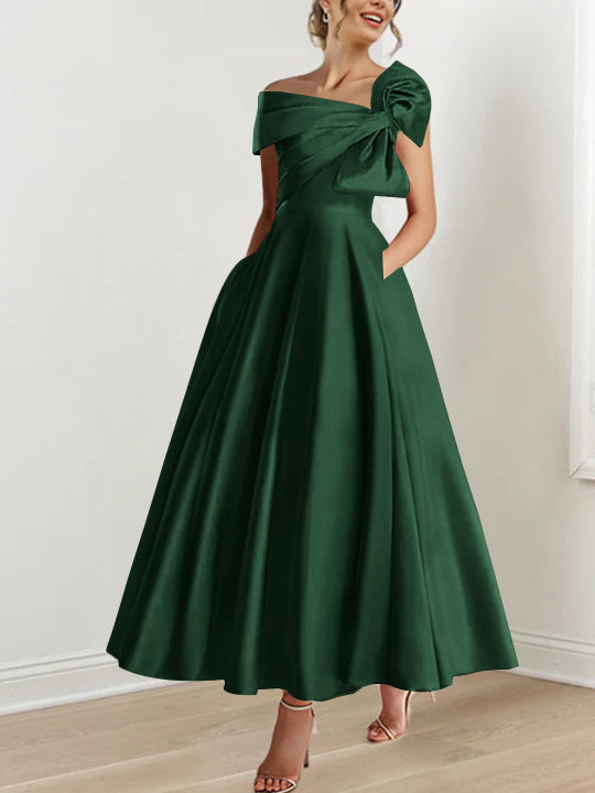 Off the Shoulder Sleeveless A Line Ankle Length Mother of the Bride Dress with Bow(s)
