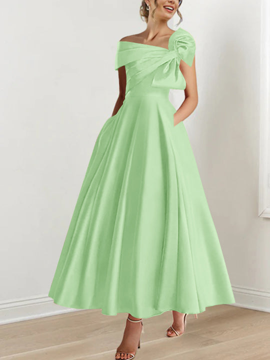 Off the Shoulder Sleeveless A Line Ankle Length Mother of the Bride Dress with Bow(s)