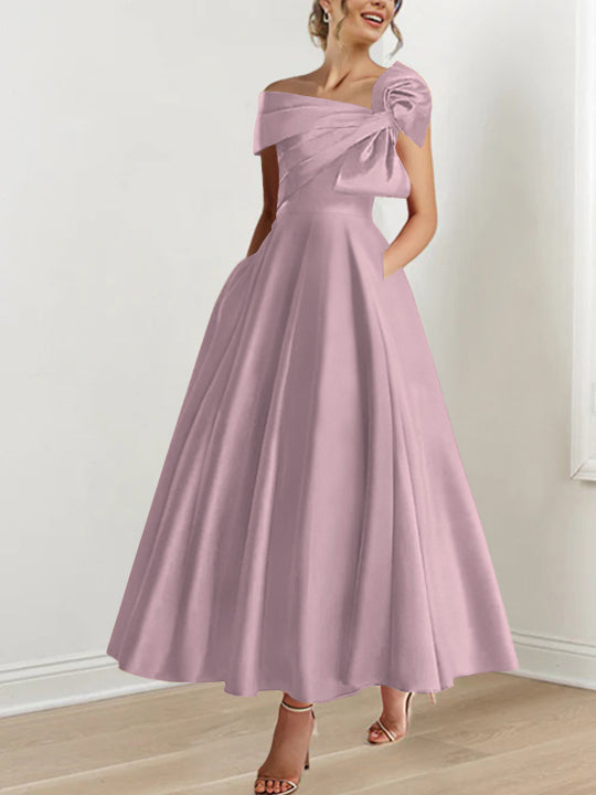 Off the Shoulder Sleeveless A Line Ankle Length Mother of the Bride Dress with Bow(s)