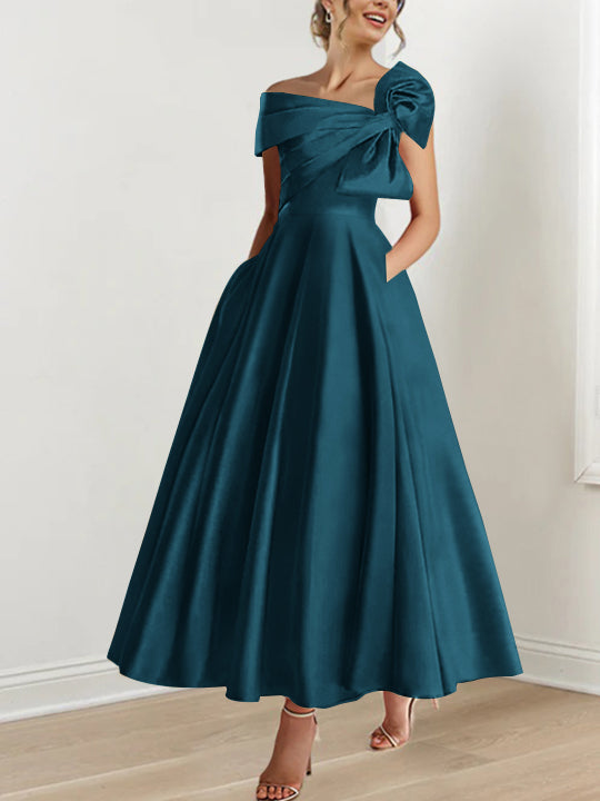 Off the Shoulder Sleeveless A Line Ankle Length Mother of the Bride Dress with Bow(s)