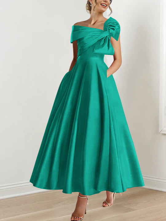 Off the Shoulder Sleeveless A Line Ankle Length Mother of the Bride Dress with Bow(s)