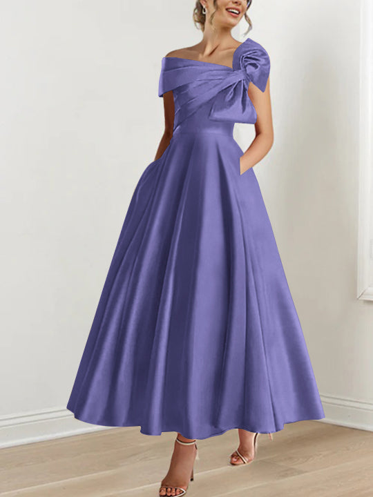 Off the Shoulder Sleeveless A Line Ankle Length Mother of the Bride Dress with Bow(s)