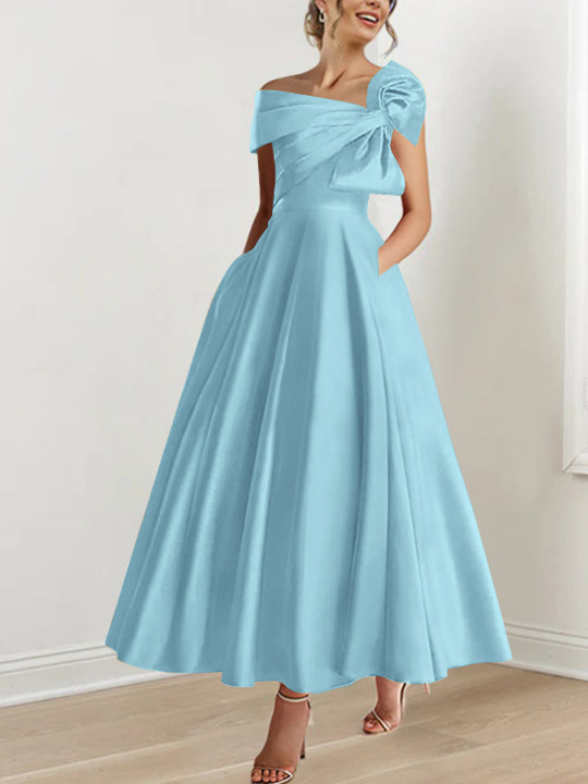 Off the Shoulder Sleeveless A Line Ankle Length Mother of the Bride Dress with Bow(s)