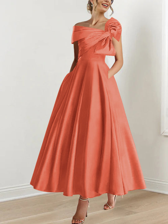 Off the Shoulder Sleeveless A Line Ankle Length Mother of the Bride Dress with Bow(s)