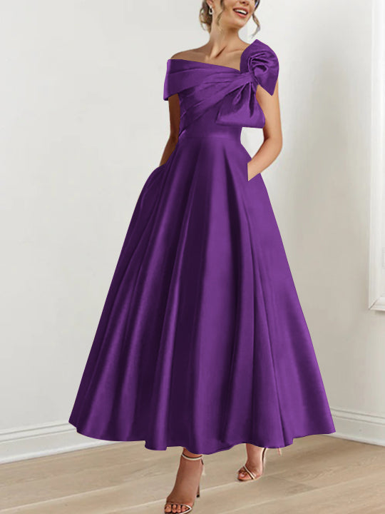 Off the Shoulder Sleeveless A Line Ankle Length Mother of the Bride Dress with Bow(s)