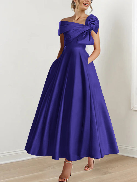 Off the Shoulder Sleeveless A Line Ankle Length Mother of the Bride Dress with Bow(s)