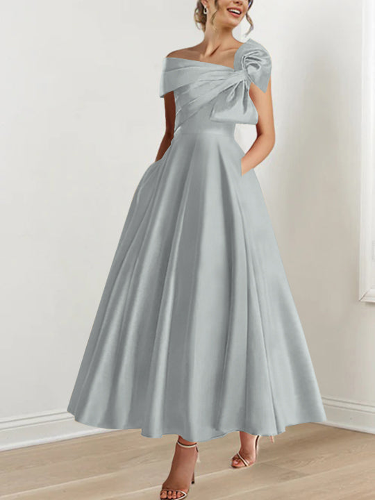 Off the Shoulder Sleeveless A Line Ankle Length Mother of the Bride Dress with Bow(s)