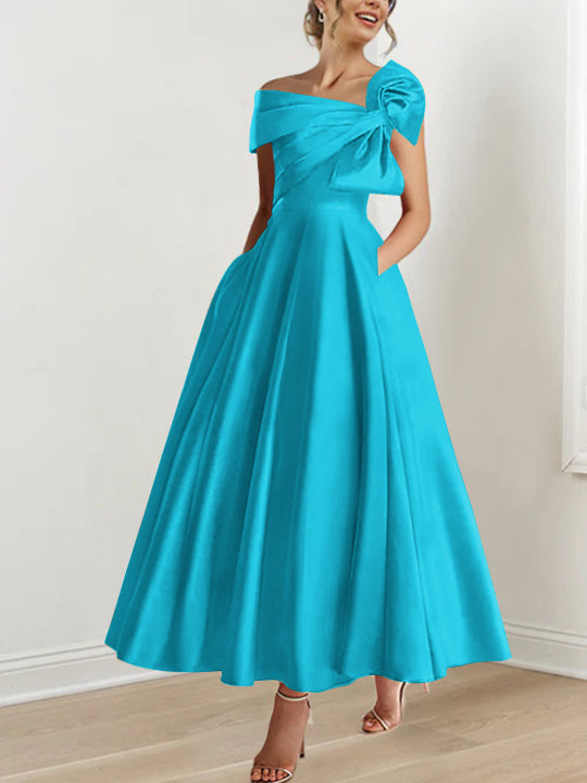 Off the Shoulder Sleeveless A Line Ankle Length Mother of the Bride Dress with Bow(s)