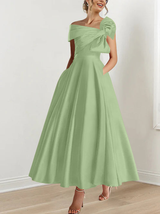 Off the Shoulder Sleeveless A Line Ankle Length Mother of the Bride Dress with Bow(s)