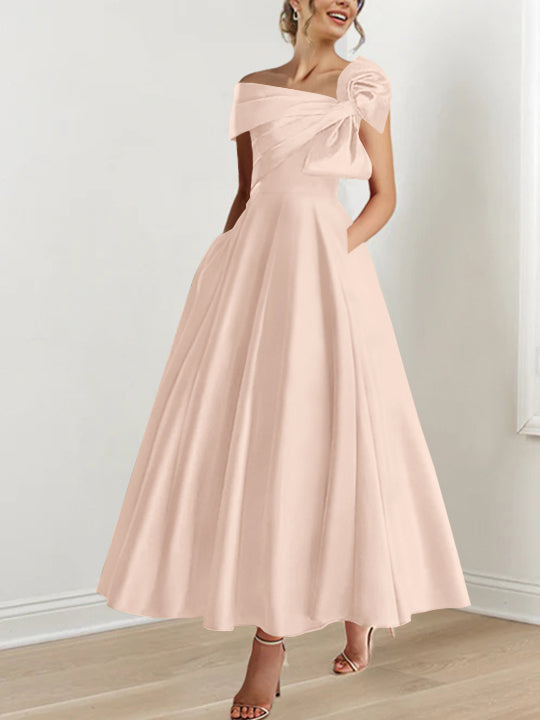 Off the Shoulder Sleeveless A Line Ankle Length Mother of the Bride Dress with Bow(s)