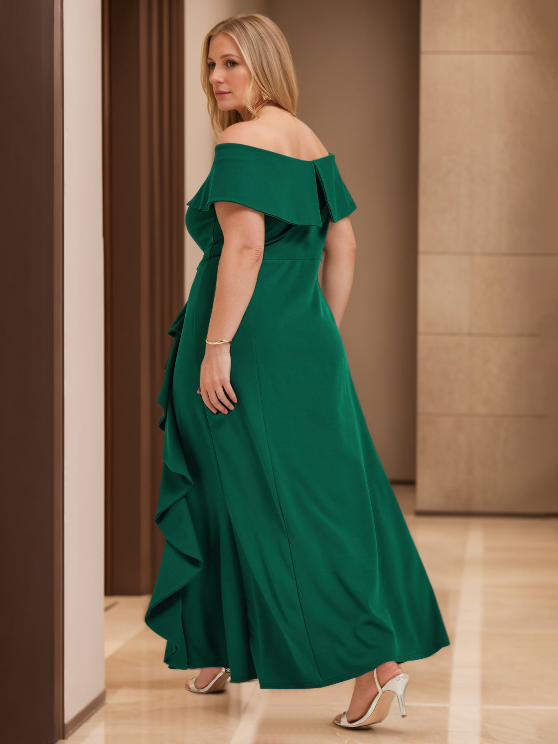 Off the Shoulder Sleeveless Long Plus Size Ruffled Sheath Column Mother of the Bride Dress