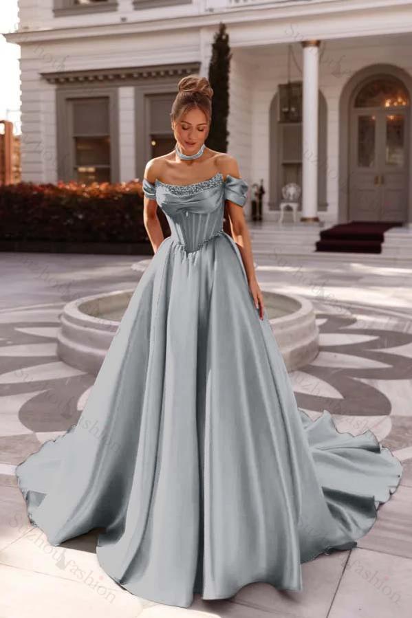 Off the Shoulder Sleeveless Long Evening Formal Dress With Pleated Beading