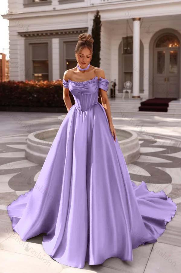 Off the Shoulder Sleeveless Long Evening Formal Dress With Pleated Beading
