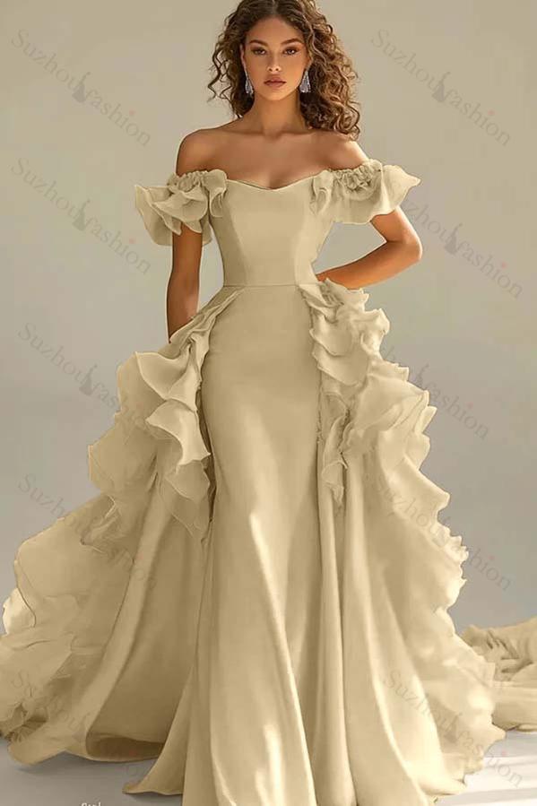 Off the Shoulder Sleeveless Long Mermaid Evening Formal Dress With Ruffled