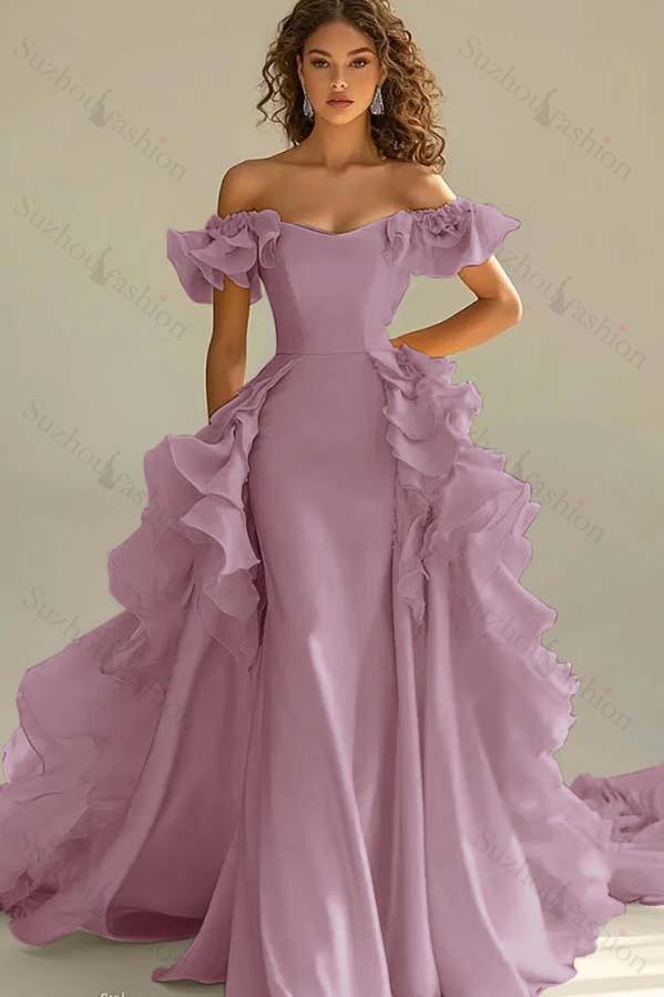 Off the Shoulder Sleeveless Long Mermaid Evening Formal Dress With Ruffled
