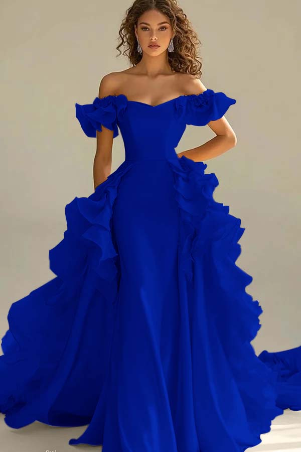 Off the Shoulder Sleeveless Long Mermaid Evening Formal Dress With Ruffled
