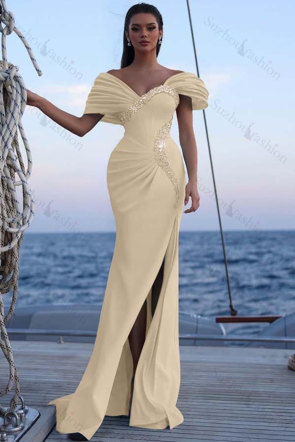Off the Shoulder Sleeveless Long Mermaid Evening Formal Dress With Sequined