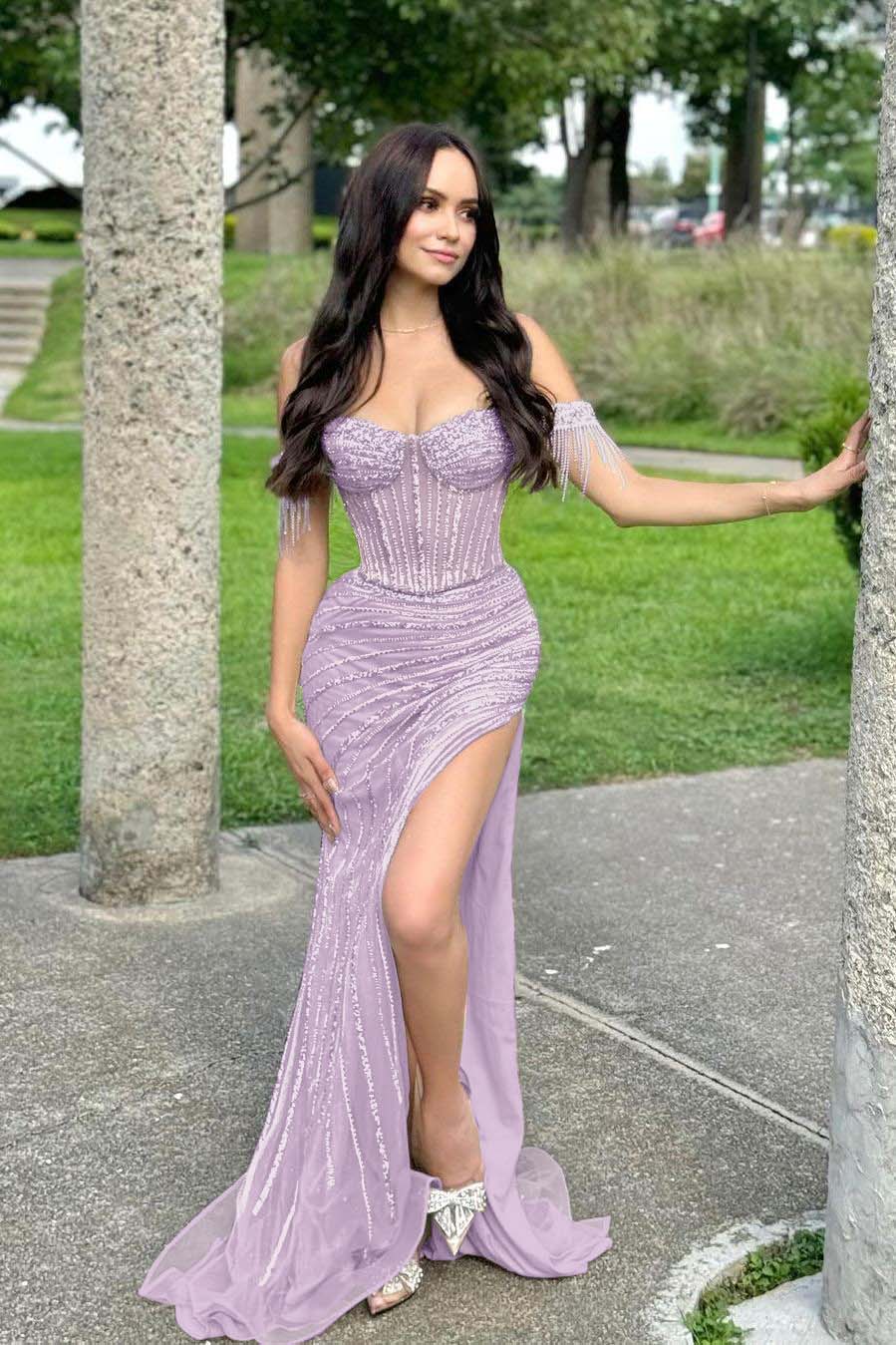 Off the Shoulder Sleeveless Long Mermaid Evening Formal Dress With Split Beading