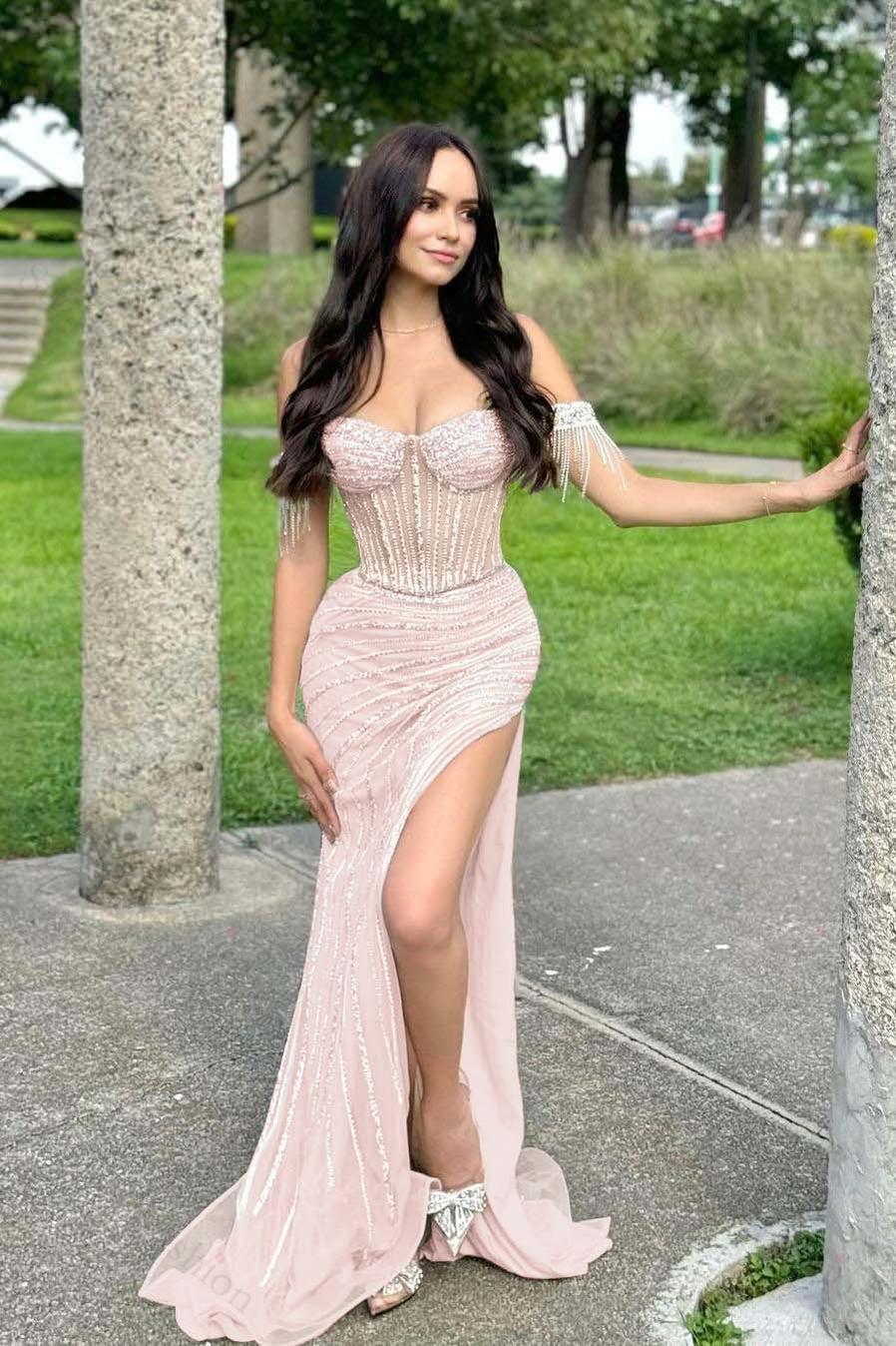 Off the Shoulder Sleeveless Long Mermaid Evening Formal Dress With Split Beading