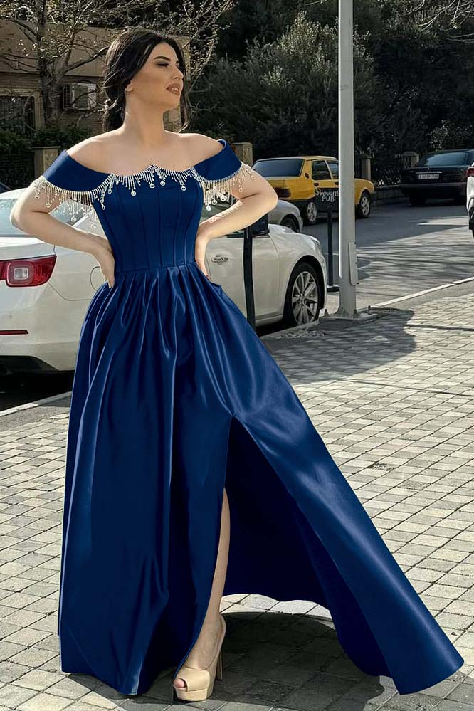 Off the Shoulder Sleeveless Long Split Evening Formal Dress With Pleated Beading