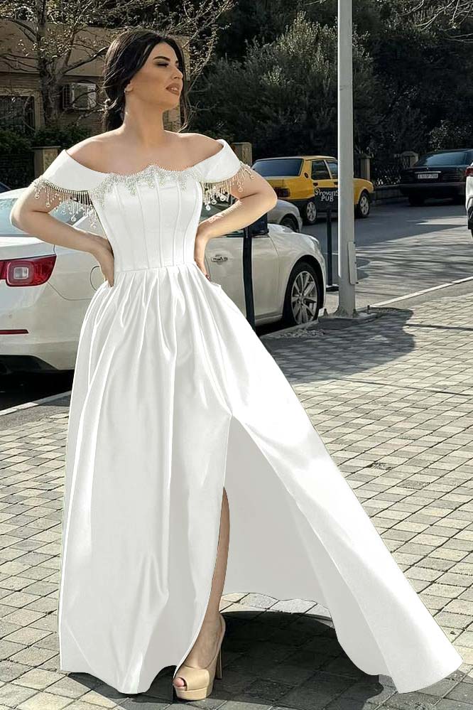 Off the Shoulder Sleeveless Long Split Evening Formal Dress With Pleated Beading