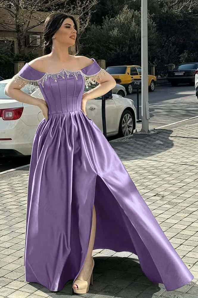 Off the Shoulder Sleeveless Long Split Evening Formal Dress With Pleated Beading