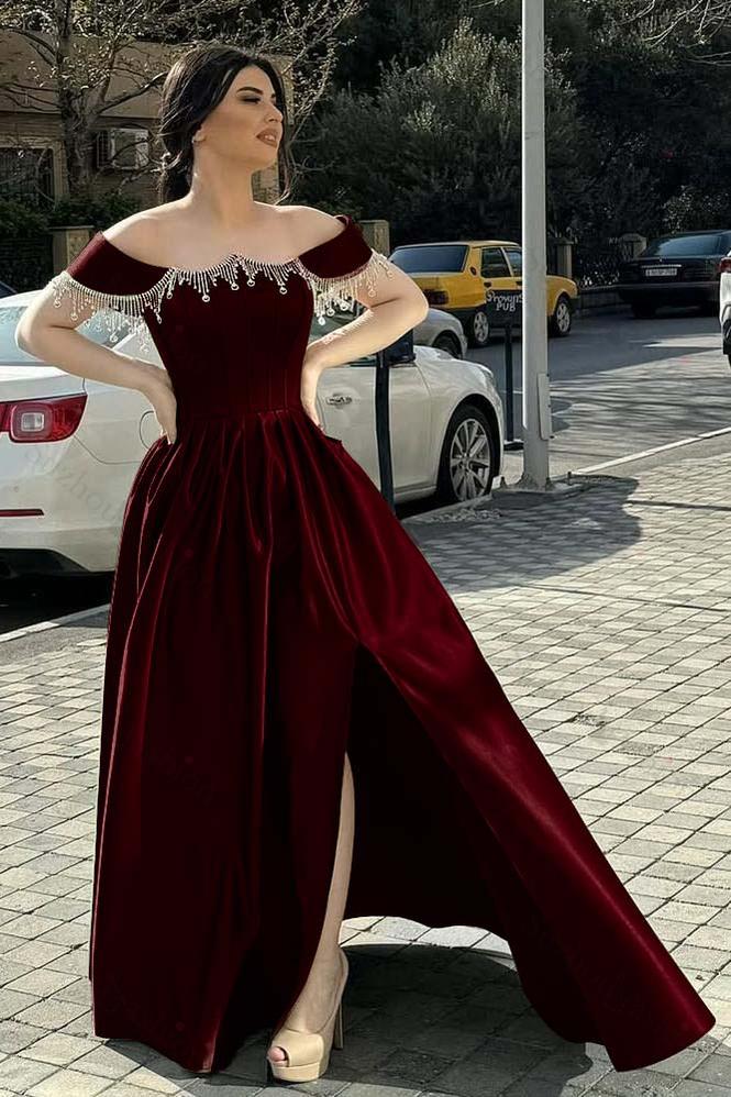 Off the Shoulder Sleeveless Long Split Evening Formal Dress With Pleated Beading