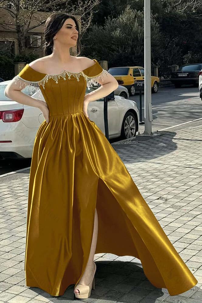 Off the Shoulder Sleeveless Long Split Evening Formal Dress With Pleated Beading