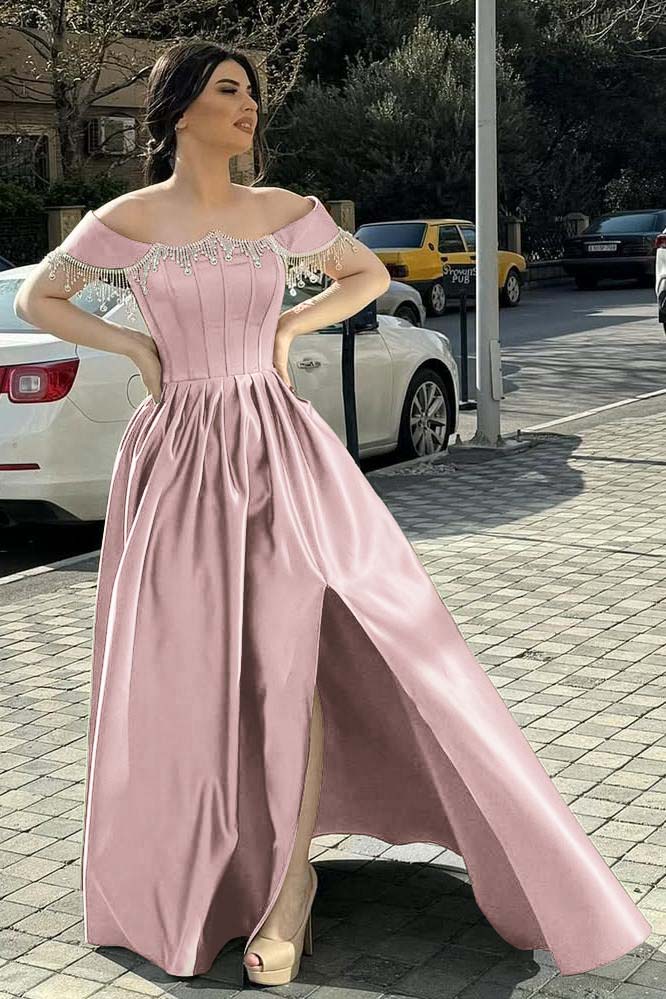 Off the Shoulder Sleeveless Long Split Evening Formal Dress With Pleated Beading