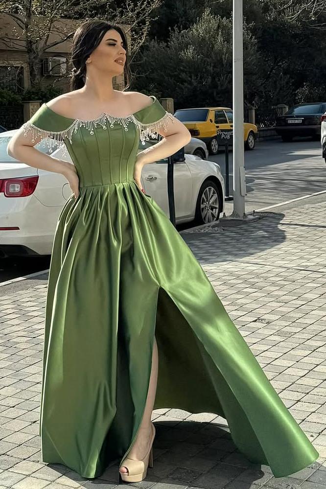 Off the Shoulder Sleeveless Long Split Evening Formal Dress With Pleated Beading