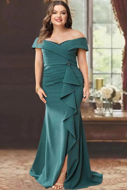 Off the Shoulder Sleeveless Plus Size Mother of the Bride Gown with Ruffles