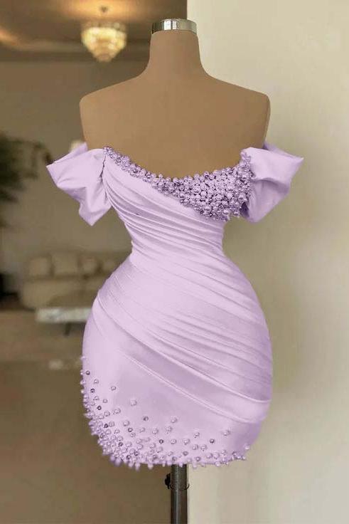 Off the Shoulder Sleeveless Short Homecoming Dress With Beading