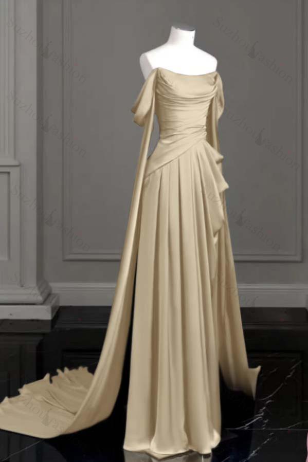 Off the Shoulder Strapless Sleeveless Long Evening Formal Dress With Pleated