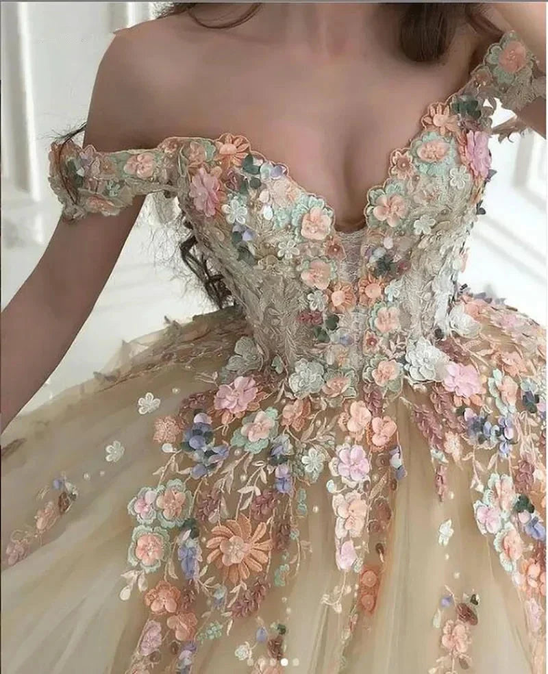 Off the Shoulder Sweetheart Tulle Long Evening Gowns 3D Flowers Appliques Formal Party Dresses Princess Ball Gown Prom Dresses (ZD14020)