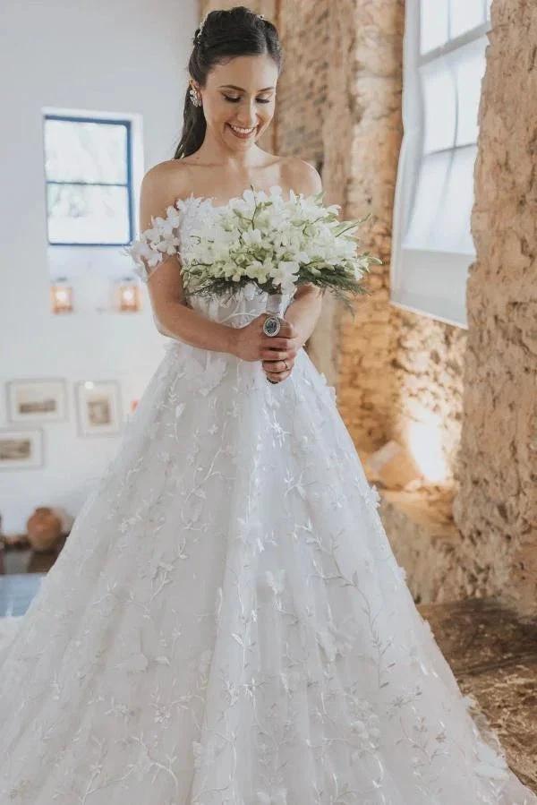 Elegant White Long A-line Off the Shoulder Tulle Floral Lace Wedding Dress (ZD14481)