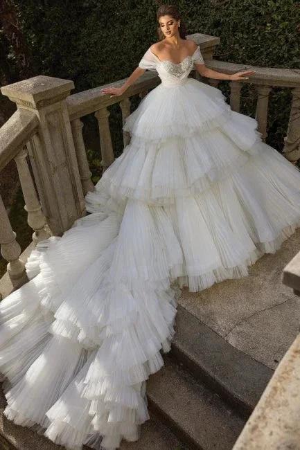 Off the Shoulder White Tulle Ruffles Luxury Wedding Dress (ZD15712) - VelvetHem