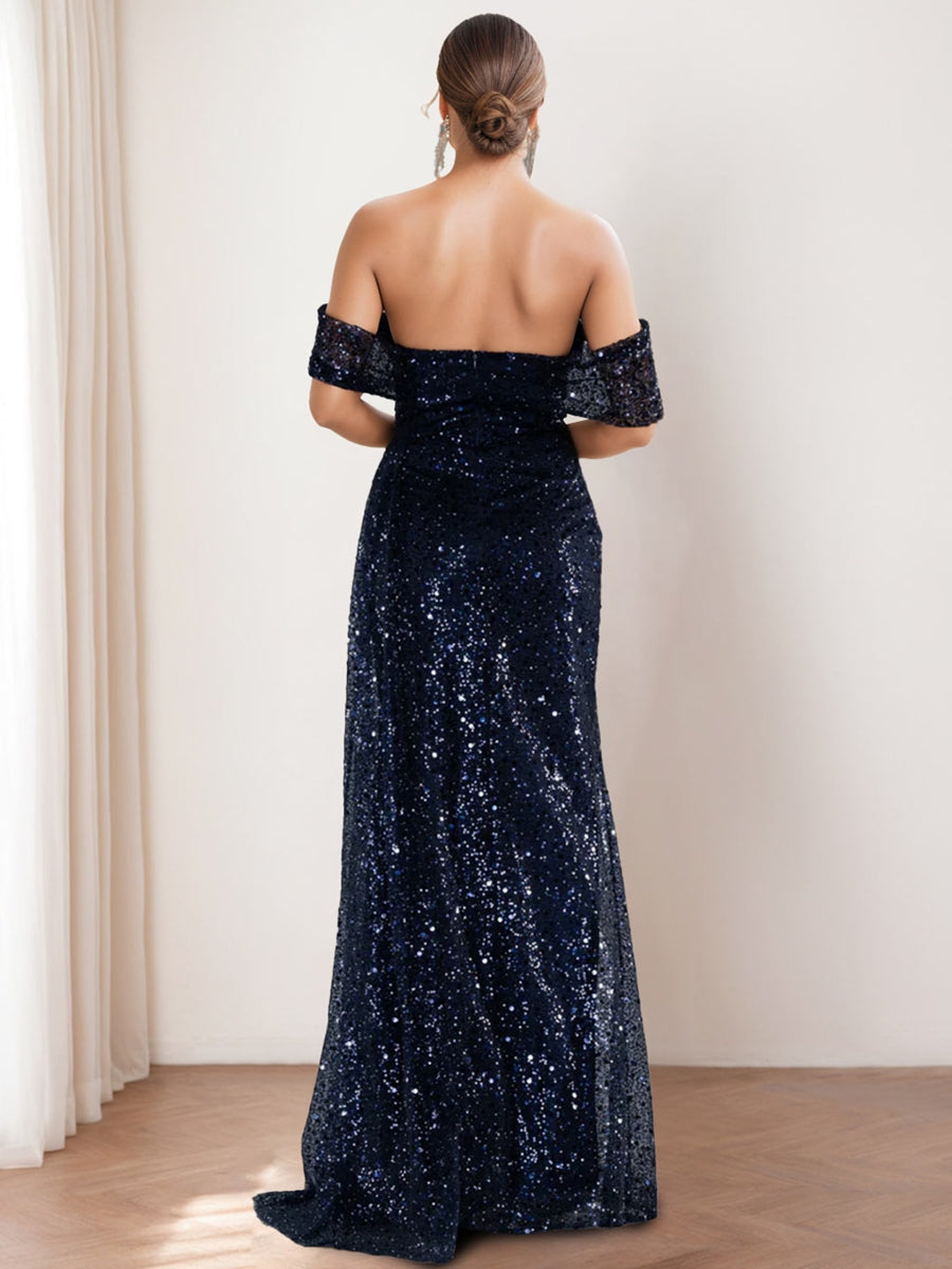 Off the shoulder Sequined Mother of the Bride & Groom Column Dress with Front Split