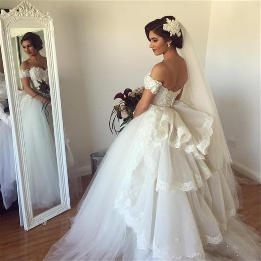 Off-the-shoulder Wedding Dress Puffy Tulle Ball Gown Bridal Dress with Lace