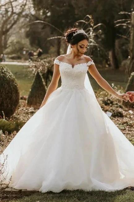 Off the shoulder White Garden Ball Gown Wedding Dress (ZD15700)