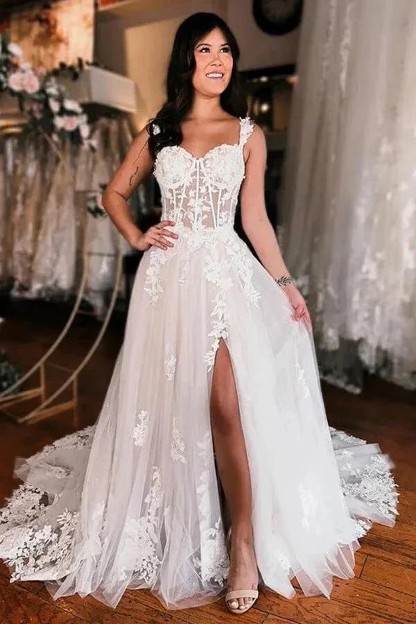 Off Shoulder Elegant Wedding Dress Boho Wedding Dress With Slit (ZD16090) - VelvetHem