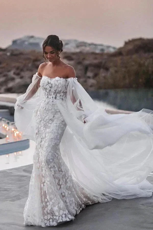 Off Shoulder Lace Mermaid Beach Wedding Dresses With Detachable Train (ZD16165) - VelvetHem