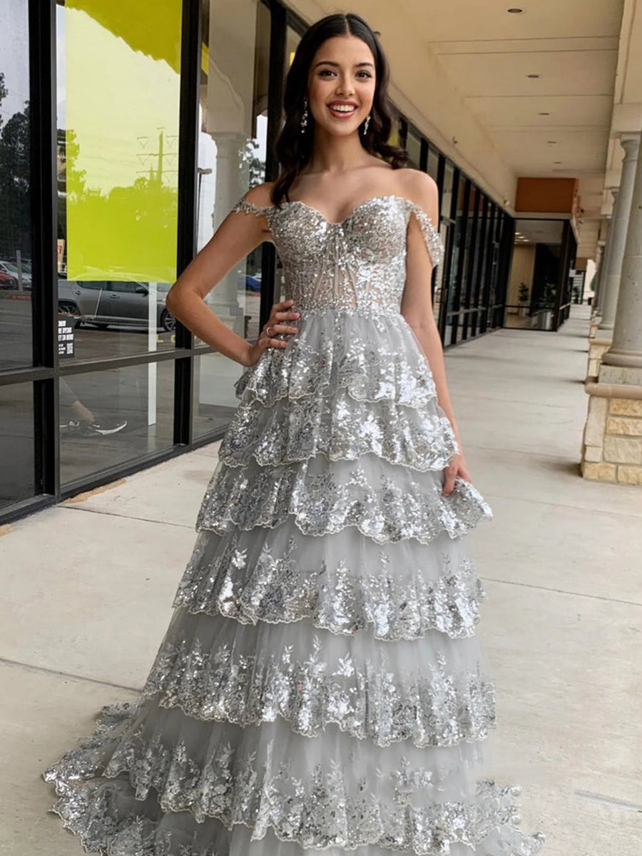 Off the Shoulder Tiered Lace Long Prom Dress - VelvetHem