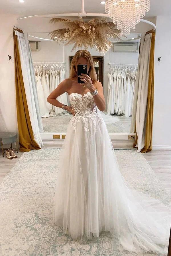 Off Shoulder Sweetheart Lace Appliques Modest Wedding Dress (ZD16156) - VelvetHem