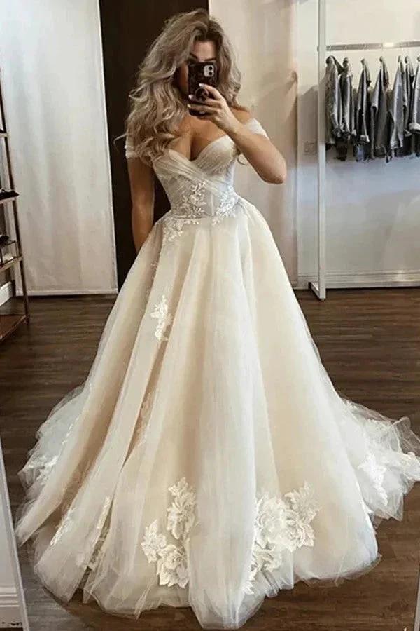 Off The Shoulder Light Champagne Wedding Gown Floral Wedding Dress (ZD16112) - VelvetHem