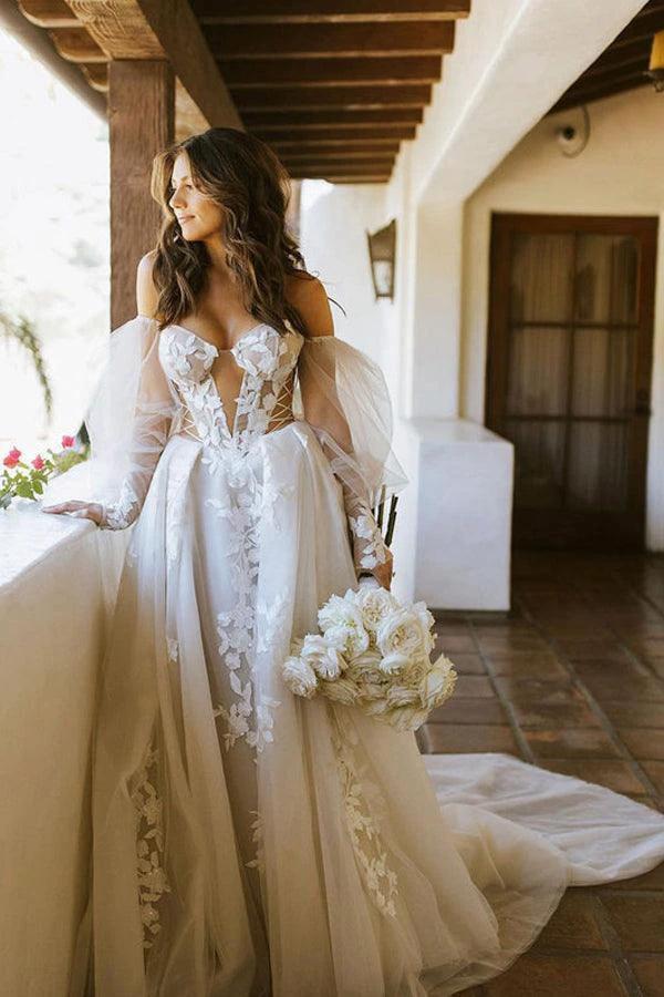 Off The Shoulder Long Sleeves Lace Appliques Bohemian Wedding Dress (ZD16194) - VelvetHem