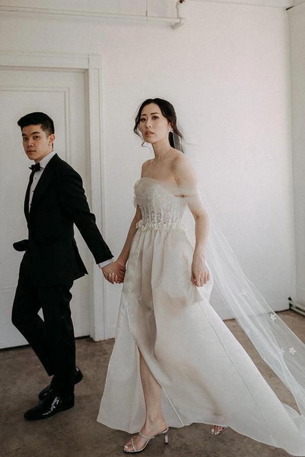 Off The Shoulder Satin Lace Split Wedding Dress With Long Veil (ZD16199) - VelvetHem