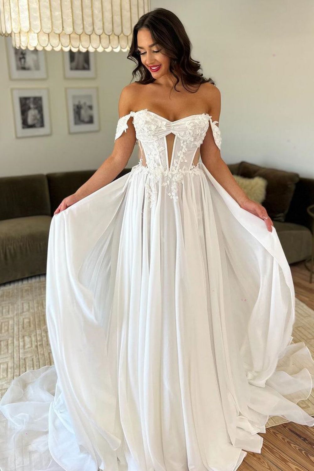 Charming A Line Off the Shoulder White Bridal Dress with Appliques - VelvetHem