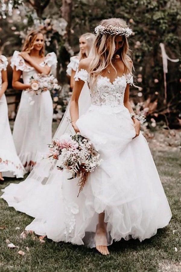 Off the Shoulder Ball Gown White Tulle Wedding Dresses with Applique (ZD16237) - VelvetHem