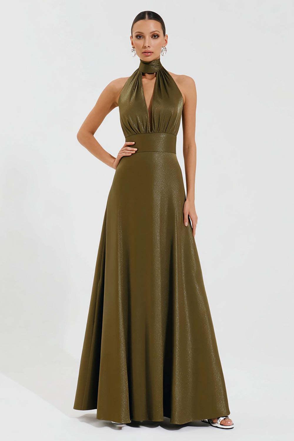 Suzhoufashion Olive A-Line High Neck Keyhole Long Prom Dress