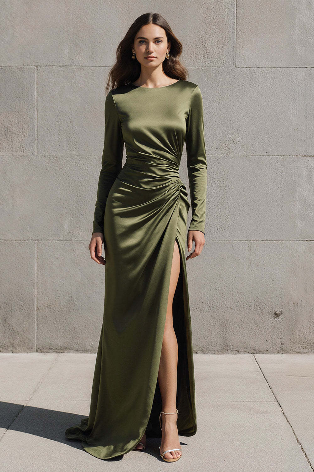 Suzhoufashion Olive Mermaid Boat Neck Satin Ruched Long Sleeves Evening Dress With Slit